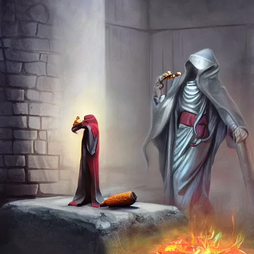 Image similar to a hooded cultist is stabbing a banana placed on an altar, in front of a stone statue of a forgotten god, by patrick mcenvoy and michael komarck and fantasy flight, incredible quality, trending on artstation