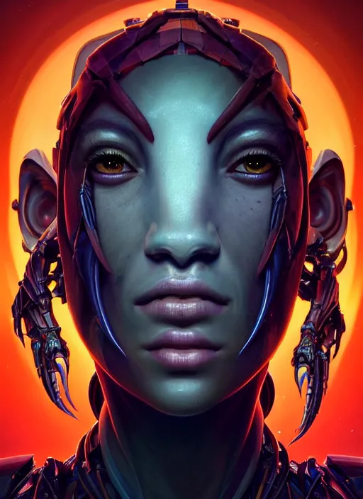 Image similar to asymmetrical!! portrait of an alien with parts of other aliens forming its face in the style of, machine face, intricate, elegant, highly detailed, digital painting, artstation, concept art, smooth, sharp focus, illustration, art by artgerm and greg rutkowski and alphonse mucha, horizon zero dawn 8 k