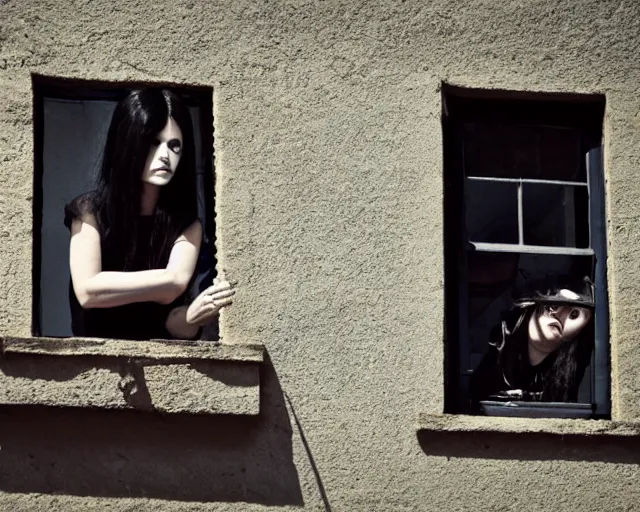 Prompt: a goth girl looking out of her window on a hot day, exhausted, view from inside