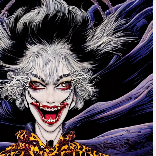 Image similar to portrait closeup of crazy cruella de vil, symmetrical, by yoichi hatakenaka, masamune shirow, josan gonzales and dan mumford, ayami kojima, takato yamamoto, barclay shaw, karol bak, yukito kishiro