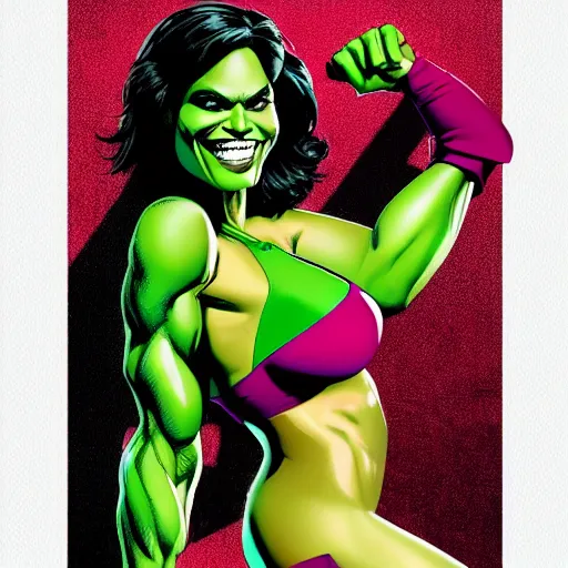 Prompt: Actress Rosario Dawson as She-Hulk, smiling, poster framed, comic pinup style, sports illustrated, detailed legs, artstation, illustration, posterized