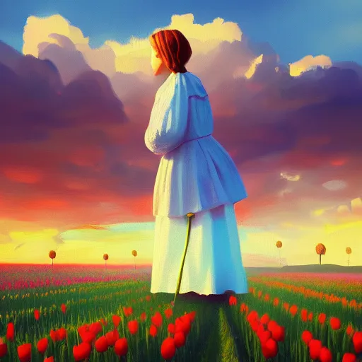 Image similar to giant tulip head dutch girl, surreal photography, flower field, sunset dramatic light, impressionist painting, colorful clouds, blue sky, digital painting, artstation, simon stalenhag