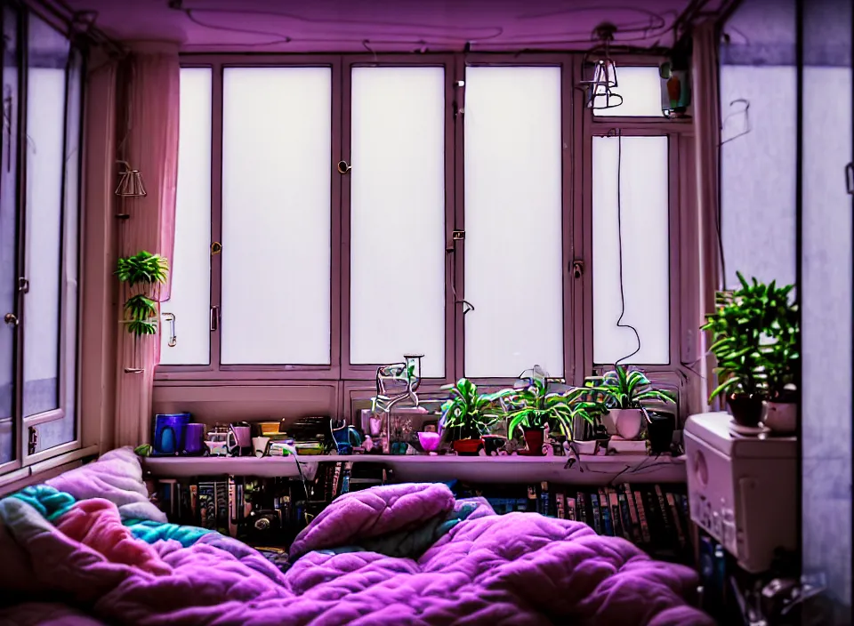 Image similar to telephoto 7 0 mm f / 2. 8 iso 2 0 0 photograph depicting the experience of calm in a cosy cluttered french sci - fi ( art nouveau ) cyberpunk apartment in a pastel dreamstate art cinema style. ( iridescent terrarium!, computer screens, window, leds, lamp, ( ( ( bed ) ) ) ), ambient light.