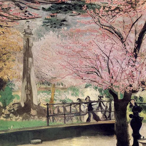 Image similar to ultradetailed ornamental shrine surrounded by cherry blossom trees, wet and rainy, painting by edouard manet