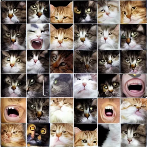 Prompt: a cat laughing from multiple angles collage photo, meme format,