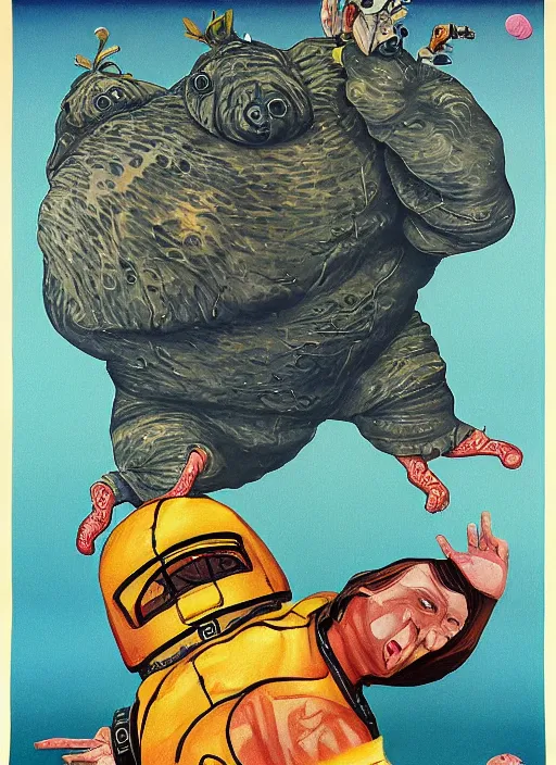 Prompt: giant tardigrade retro japanese monster slimy harness, poster, painting, 7 0 s vintage art