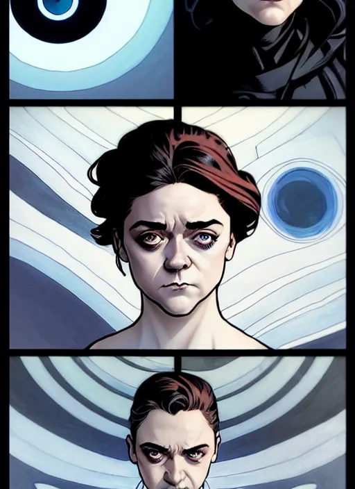 Prompt: Rafeal Albuquerque comic art, Joshua Middleton comic art, cinematics lighting, sunset colors, pretty female Maisie Williams pale white skin Domino Marvel comics and X-Men asymmetrical black paint spot left eye, pale extremely white skin, big smirk, symmetrical face, symmetrical eyes, lblsck hair, with white streak in hair, full body, flying in the air, sunset