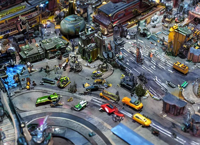 Image similar to a photo of a grand scale diorama with sci - fi vehicles and buildings and characters, macro photography