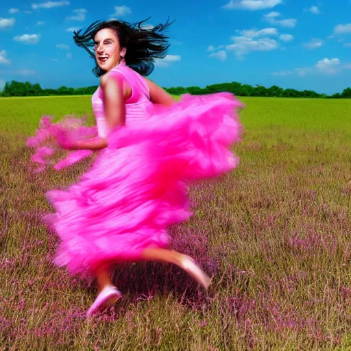 Image similar to a woman in pink frills running around in a field, photograph, photorealistic, award winning photo