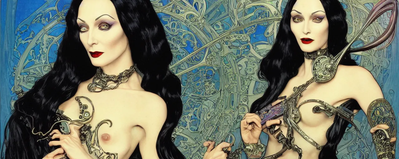 Prompt: beautiful enticing cyberpunk art nouveau style portrait of morticia addams as a gigerpunk rebel soldier by olivia de bernardinis, moebius, chris achilleos and alphonse mucha, photorealism, extremely hyperdetailed, perfect symmetrical facial features, perfect anatomy, ornate declotage, latex, weapon, high technical detail, confident expression, wry smile