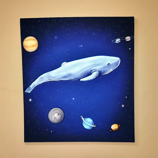 Prompt: a blue whale swimming in space among the stars and planets