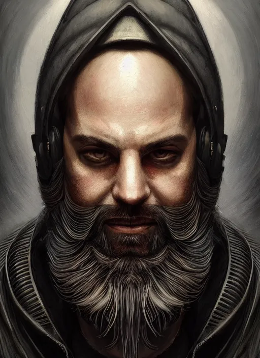 Image similar to portrait of a cyberpunk bearded king, grim - lighting, high - contrast, intricate, elegant, highly detailed, centered, digital painting, artstation, concept art, smooth, sharp focus, illustration, artgerm, tomasz alen kopera, peter mohrbacher, donato giancola, joseph christian leyendecker, wlop, boris vallejo