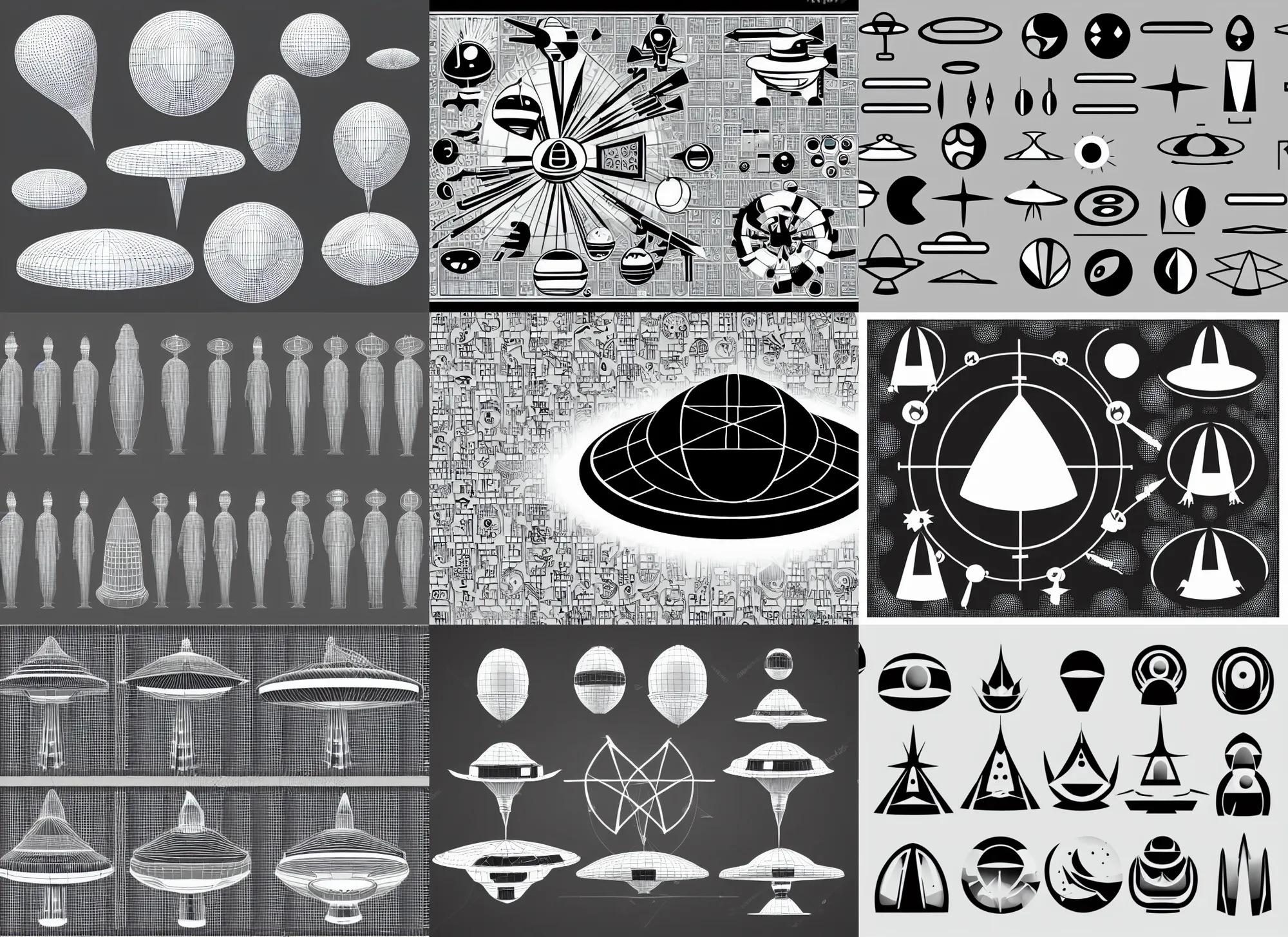Prompt: spiritual ufo diagram clean shapes by bauhaus, 3 d wirefram, sprite sheet, b & w, vector