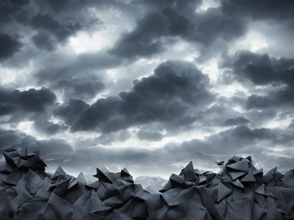 Image similar to photo of a origami rocky hill, in the middle of a storm. realistic origami clouds. impressive, magical, very atmospheric, cinematic, stunning, masterpiece, romantic, trending in artstation, very detailed. 4 k