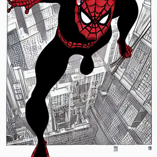 Image similar to Spiderman, half symbiote drawn by Geof Darrow