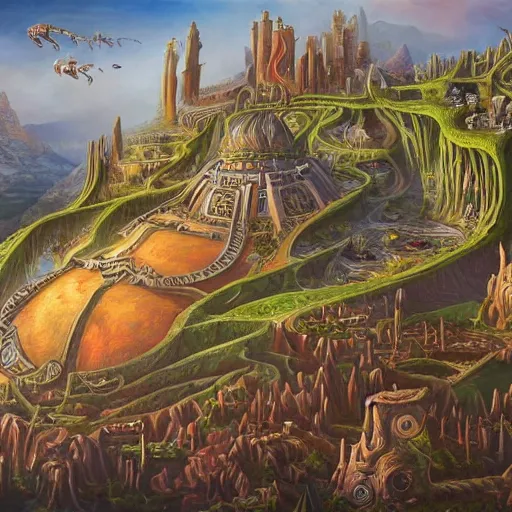 Prompt: a detailed fantasy painting of a robot city with a lot of aliens running up that hill with Kate Bush, by lauri blank, artgerm, evelyn de morgan, 8K, 50mm lens