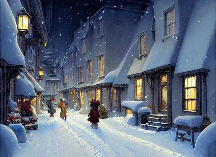 Image similar to a night scene of a snowy street, a detailed painting by anton pieck and gil elvgren, deviantart contest winner, fantasy art, concept art, official art