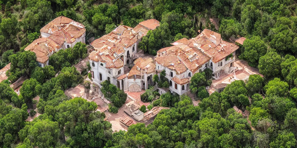 Prompt: pablo esbobar's villa, aerial view, photograph, extremely detailed, hdr