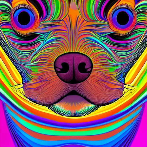 Prompt: chihuahua with rainbow fur, psychedelic fur, in an abstract mc escher environment, happy chihuahua, 4 k, 8 k, ultra detailed, digital illustration