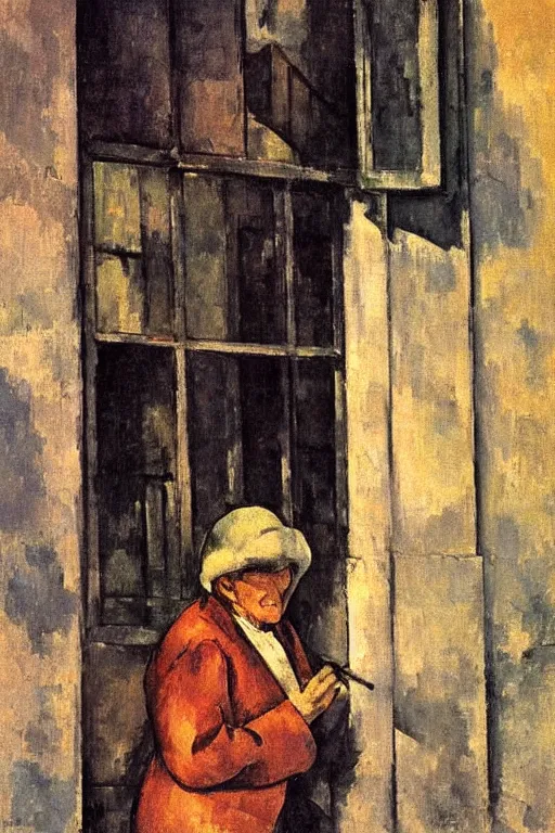 Image similar to an elderly and content italian woman leaning out of the window of an old building, smoking a cigarette, by paul cezanne, firenze, sunset, smooth, expressionist, gold, portrait