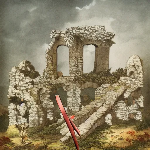 Image similar to the ruins of a village made out of stone, overgrown with red vines, with a broken stone statue of a man holding a sword in the middle of the ruins