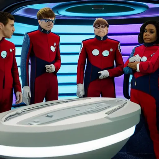 Image similar to austin powers as captain of the orville on the the bridge of the orville