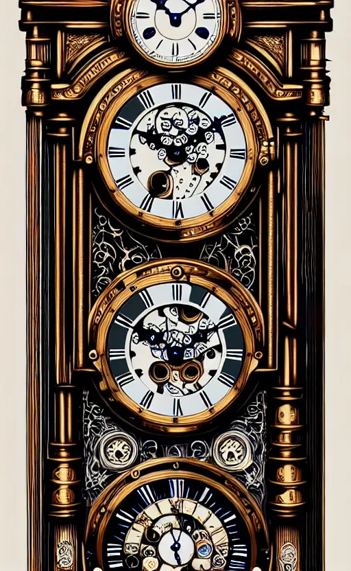 Image similar to ornate steampunk grandfather clock, high details, intricately detailed, by vincent di fate, inking, lineart, 3 color screen print, masterpiece, trending on artstation,, sharp, details, hyper - detailed, hd, 4 k, 8 k