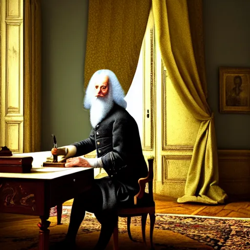 Image similar to An extremely detailed render of a 200 years old man with very old clothes, sitting at his Louis XIV desk, with very old curtains in the room, very old room. The very very very old man has a 1880 phone on his desk. Dust in the air, god rays, raytracing shadows, ambient occlusion, 8K, RTX 3090, trending on artstation, lumens