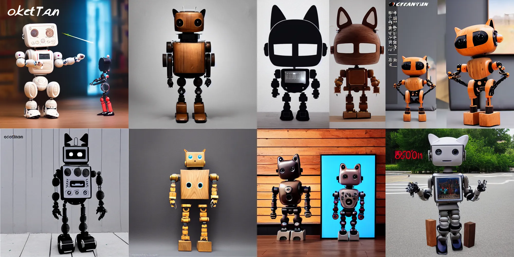 Prompt: 8k octan advertising photo, a totally wooden sculpture collection art toys on feet, very cute robot zen with cat ears, cyberpunk a contemporary