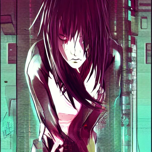 Prompt: android, killer - girl, high detail of the face, full body, close - up, 1 / 6 nihei tsutomu, style of cyberpunk, night, city,