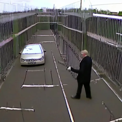 Prompt: Birds eye view security camera footage of Boris johnson breaking out of Prison