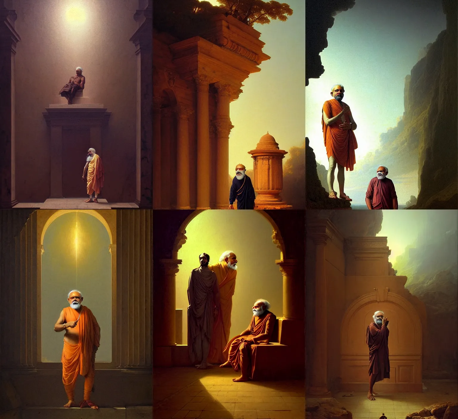 Prompt: neoclassical portrait of stoned tripping narendra modi as a watchman, gatekeeper, by jacques - louis david, by greg rutkowski, by zdzisław beksinski, trending on artstation, featured on pixiv, masterpiece, oil on canvas, cinematic composition, beautiful lighting,