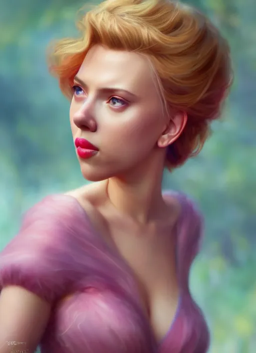 Image similar to scarlett johansson as a disney princess, au naturel, hyper detailed, digital art, trending in artstation, cinematic lighting, studio quality, smooth render, unreal engine 5 rendered, octane rendered, art style by klimt and nixeu and ian sprigger and wlop and krenz cushart