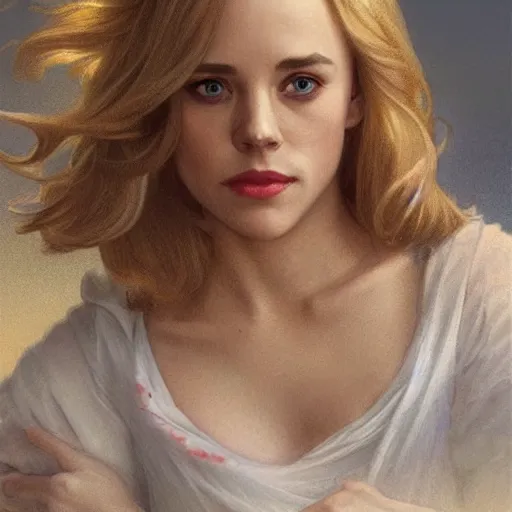 Prompt: Young blonde Rachel McAdams, highly detailed, digital painting, artstation, concept art, smooth, sharp focus, illustration, ArtStation, art by artgerm and greg rutkowski and alphonse mucha and J. C. Leyendecker and Edmund Blair Leighton and Katsuhiro Otomo and Geof Darrow and Phil hale and Ashley wood and Ilya repin and Charlie Bowater