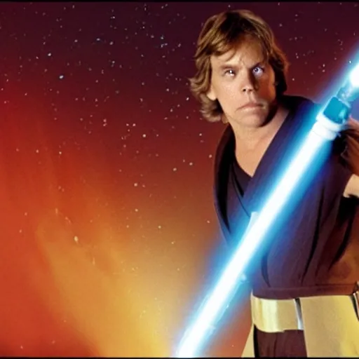 Image similar to luke skywalker pointing at stars with his lightsaber