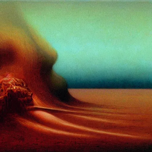 Image similar to atomic explosion by Zdzisław Beksiński, oil on canvas