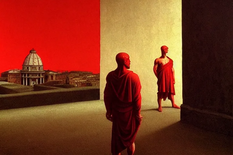 Image similar to only with red, caesar after war, a red tiger, in hoc signo vinces, rome in background, an ancient path, in the style of beksinski, part by hopper, part by rodcenko, part by hofbauer, intricate composition, red by caravaggio, insanely quality, highly detailed, masterpiece, red light, artstation