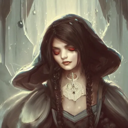 Prompt: whimsical grumpy girl, portrait, ice magic, dark hair, dark robe, intricate, elegant, highly detailed, cgsociety, trending on artstation, dnd, castle background, warm light, concept art, illustration