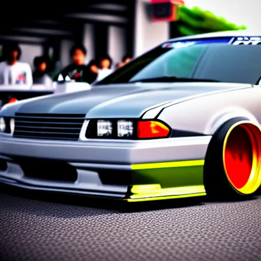 Image similar to a car JZX100 drift missile at illegal car meet, Chiba prefecture, city mist softlight, photorealistic, highly detailed, 85MM