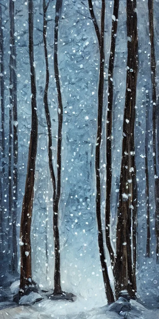 Image similar to snowy forest night scene in a single wooden cabin surrounded by the woods with one illuminated window, horror dark contrast, oil painting