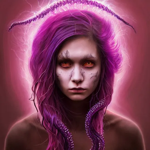 Image similar to detailed photo portrait of a furious teen girl with thin, hair-like purple tentacles on her head and bright purple eyes, 8k,by tristan eaton, Stanley Artgermm,Tom Bagshaw,Greg Rutkowski,Carne Griffiths,trending on DeviantArt, face enhance,hyper detailed ,full of colour, dramatic lightning