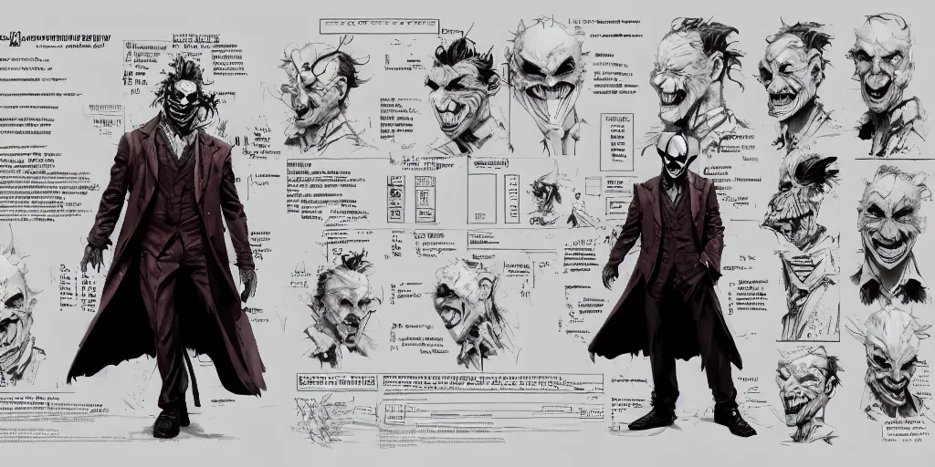 Prompt: the joker, character sheet, concept design, contrast, kim jung gi, greg rutkowski, zabrocki, karlkka, jayison devadas, trending on artstation, 8 k, ultra wide angle, pincushion lens effect