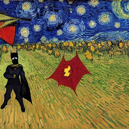 Image similar to batman flying a kite, van gogh painting,