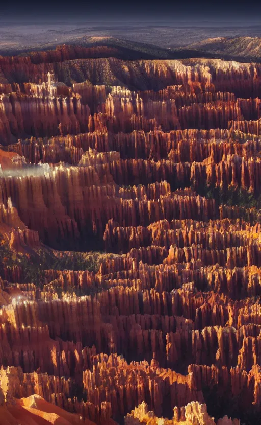 Image similar to a futuristic utopian metropolitan city of shiny buildings and spires sits at the edge of a beautiful cliff like bryce canyon with epic waterfalls cascading down below causing mist at the bottom, a large spacecraft flies nearby, sharp details, photorealistic, octane render, golden hour, cinematic lighting, immense scale