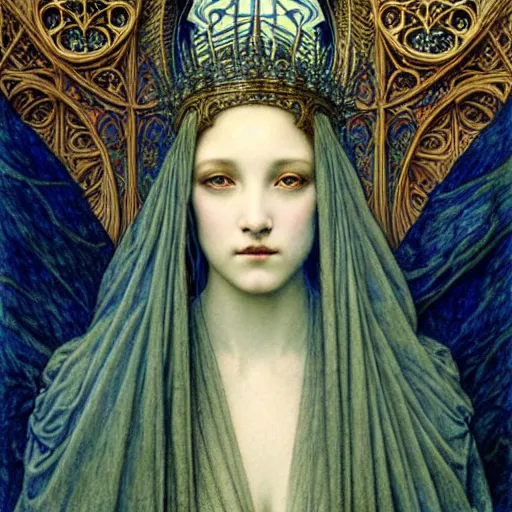 Image similar to detailed realistic beautiful young radiant medieval queen portrait by jean delville, gustave dore and marco mazzoni, art nouveau, symbolist, visionary, gothic, pre - raphaelite, horizontal symmetry