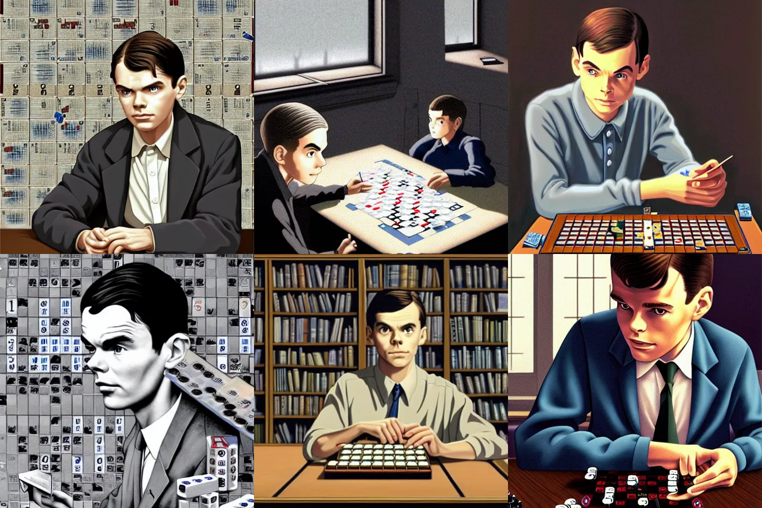 Prompt: stunning head and shoulders portrait of young alan turing playing scrabble, harsh realism, digital art by rob gonsalves, still from studio ghibli