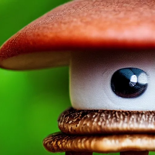 Prompt: macro photo with a mushroom character with cute eyes, drawn in detail