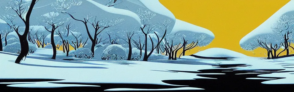 Prompt: snow, gold and white tones, animated film, stylised, illustration, by eyvind earle, scott wills, genndy tartakovski