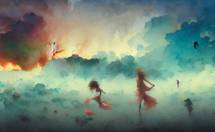 Image similar to explosion made of cotton, beach, fantasy, intricate, amazing composition, colorful watercolor, by ruan jia, by maxfield parrish, by marc simonetti, by hikari shimoda, by robert hubert, by zhang kechun, illustration, gloomy