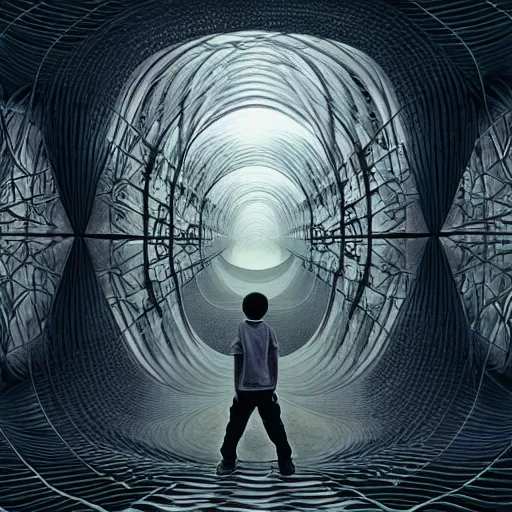 Image similar to a breathtaking 8 k resolution matte painting of a black boy lost inside a vast and endless four dimensional hall of mirrors, in a symboloic and meaningful style, by m. c. escher and alex grey and android jones